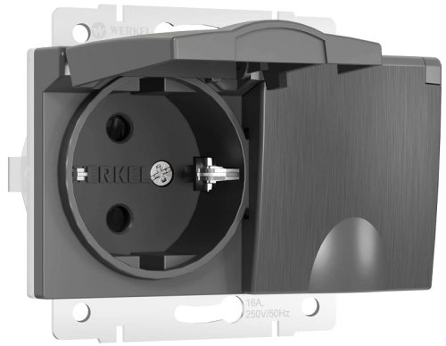 Розетка с заземлением без рамки Werkel 1-м. 2-мод. крышка шторки IP44 графит рифленый картинка